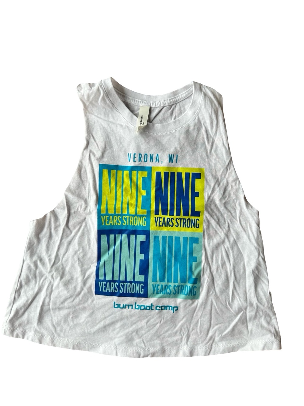 Burn Boot Camp White 'Nine Years Strong' Graphic Crop Tank Top